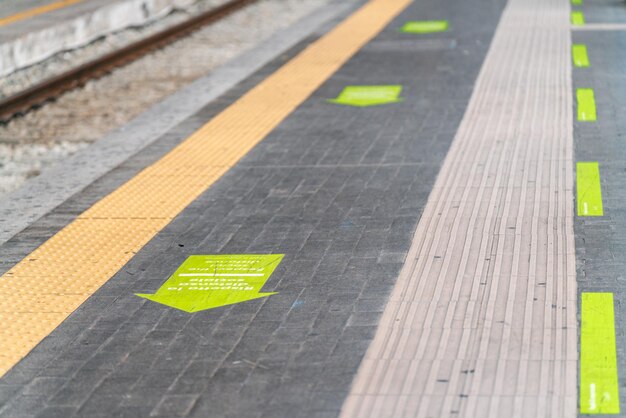 Photo panneaux de distanciation sociale sur le quai de la gare centrale de milan