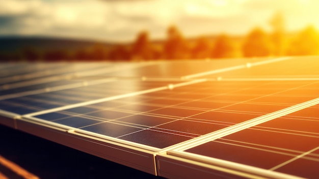 Panneaux d'énergie solaire à énergie renouvelable avec vue sur le coucher du soleil
