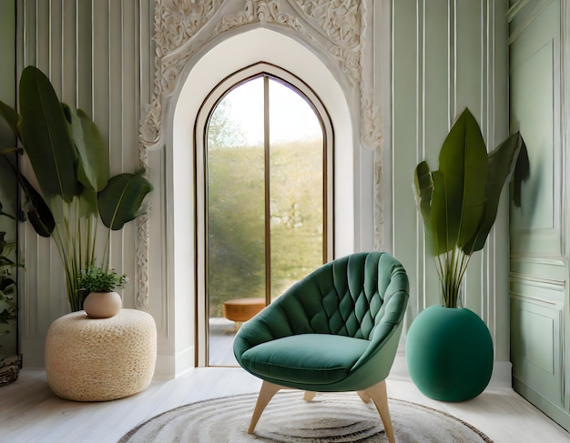 Photo des panneaux exquis et une chaise verte un intérieur inspiré de la nature