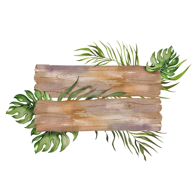 panneaux de mur en bois avec des branches de palmier et des feuilles tropicales aquarelle faite à la main