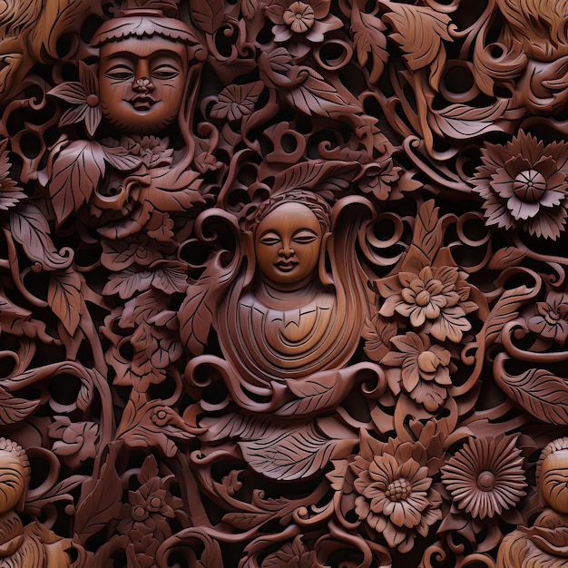 Panneaux muraux en bois sculptés à la main avec des figures de Bouddha dans un style réaliste carrelé