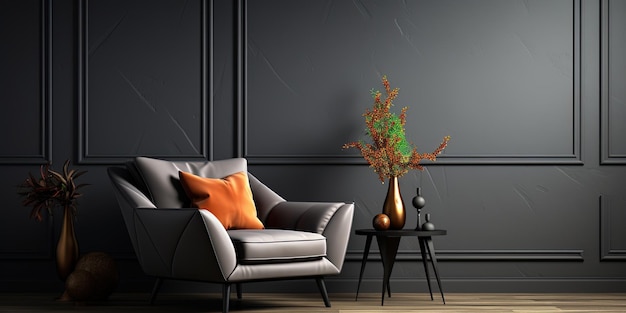 Des panneaux muraux gris et une table d'accompagnement noire dans une composition de design d'intérieur minimaliste