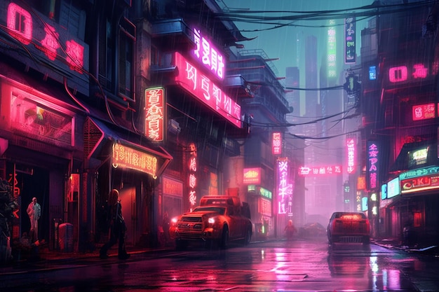 Des panneaux de néon dans une rue de la ville la nuit avec une voiture qui descend la rue.