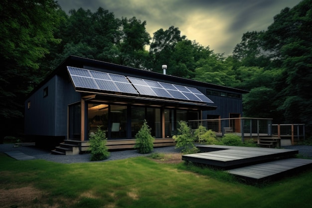 Panneaux photovoltaïques dans l'arrière-cour Bâtiment résidentiel avec batterie solaire Fourniture autonome d'électricité à la maison de campagne utilisant l'énergie solaire Concept de ressources durables