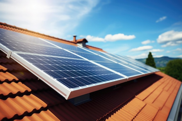 Panneaux photovoltaïques sur le toit Bâtiment résidentiel avec batterie solaire Fourniture autonome d'électricité à la maison de campagne grâce à l'énergie solaire Concept de ressources durables