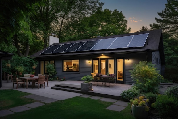 Panneaux photovoltaïques sur le toit bâtiment résidentiel avec batterie solaire fourniture autonome d'électricité à la maison de campagne en utilisant l'énergie solaire concept de ressources durables