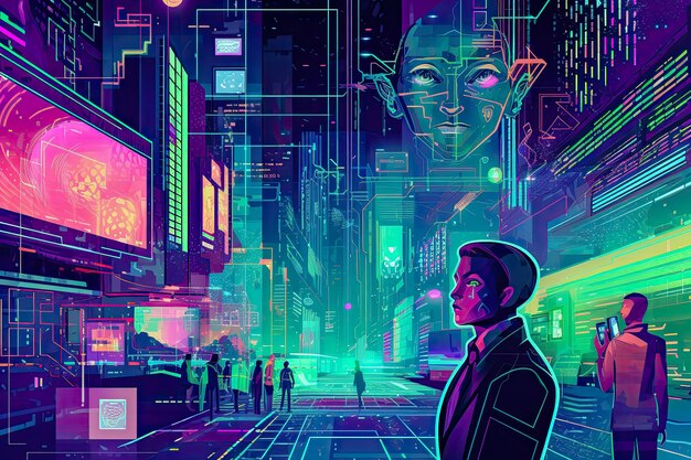 Panneaux publicitaires dans les rues d'une ville futuriste la nuit