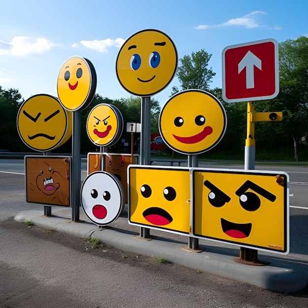 Photo des panneaux de signalisation de rue transmettant des émotions à travers des emojis
