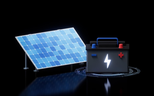 Panneaux solaires et batteries rendu 3d