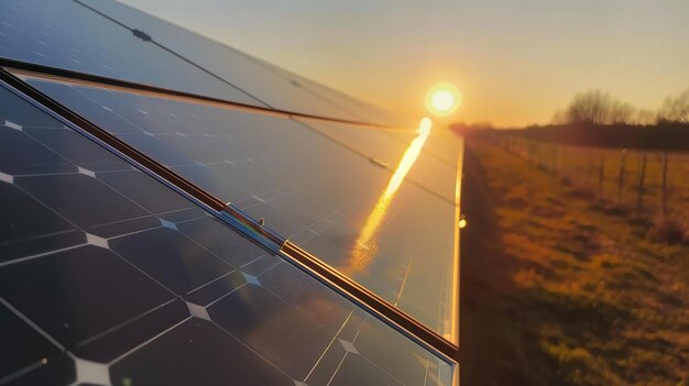 Des panneaux solaires brillent sous le coucher du soleil, mettant en valeur la technologie des énergies renouvelables.