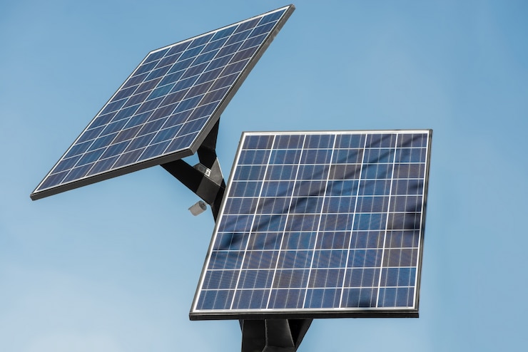 Photo panneaux solaires contre le ciel bleu profond