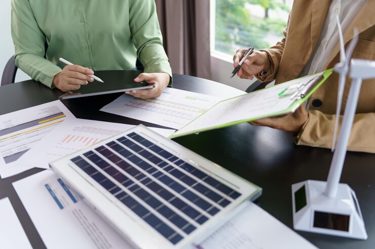 Panneaux solaires énergie verte Gens d'affaires travaillant dans un bureau vert et écologique, réunion d'affaires, idées créatives pour les entreprises, professionnel respectueux de l'environnement, enseignement aux gens d'affaires, électricité durable