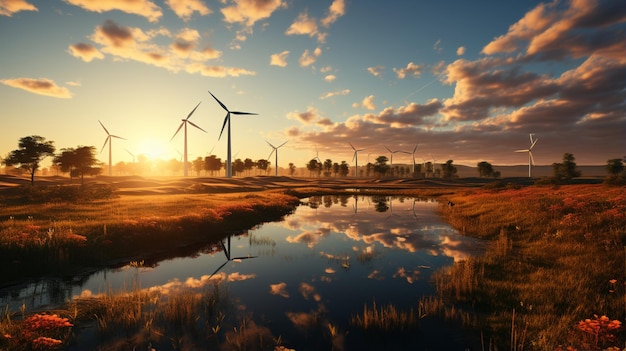 panneaux solaires et éoliennes au coucher du soleil