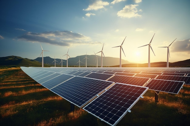 Panneaux solaires et éoliennes générant de l'électricité au coucher du soleil Concept d'énergie alternative