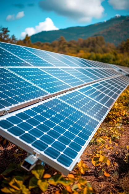 Photo des panneaux solaires étendus dans un paysage montagneux vibrant