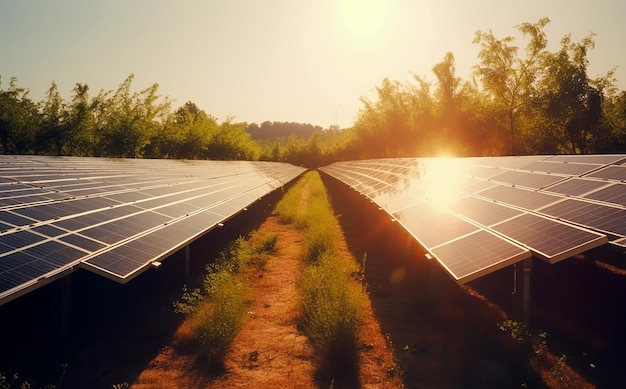 Panneaux solaires sur une ferme solaire en Europe au coucher du soleil