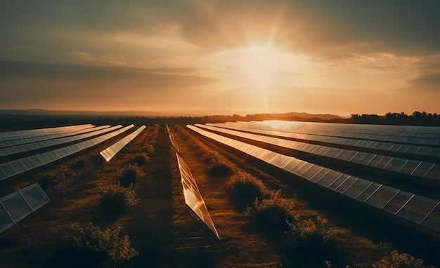 Panneaux solaires sur une ferme solaire en Europe au coucher du soleil