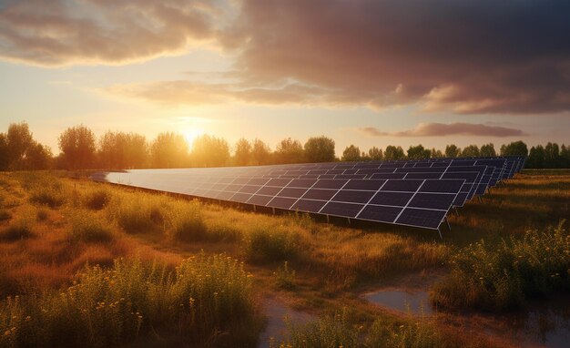 Panneaux solaires sur une ferme solaire en Europe au coucher du soleil