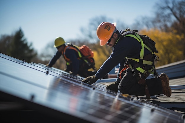 Panneaux solaires installés par des techniciens présentant des solutions d'énergie renouvelable