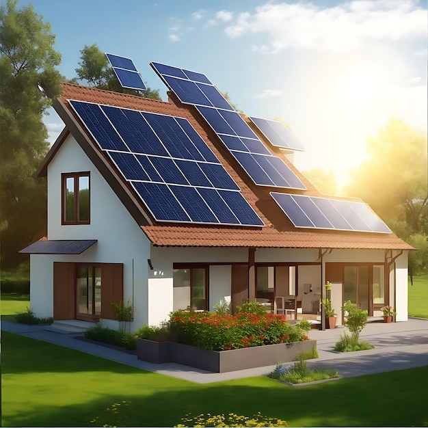 Panneaux solaires sur une maison 3D idyllique Ressource naturelle d'énergie IA générative