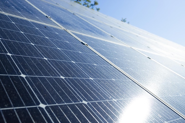 Panneaux solaires photovoltaïques sur fond de ciel coucher de soleil vert concept d'énergie propre