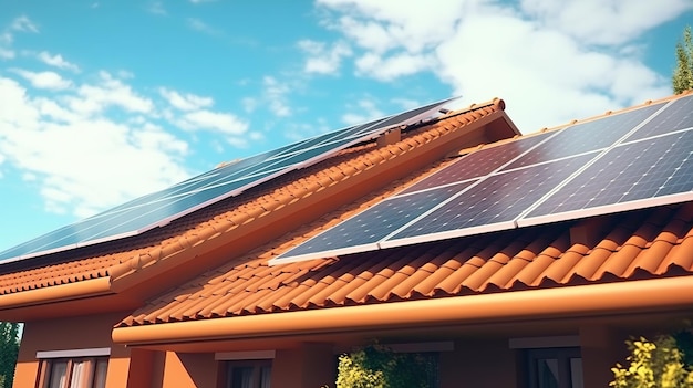 Panneaux solaires photovoltaïques sur le toit d'une maison propre journée ai générative