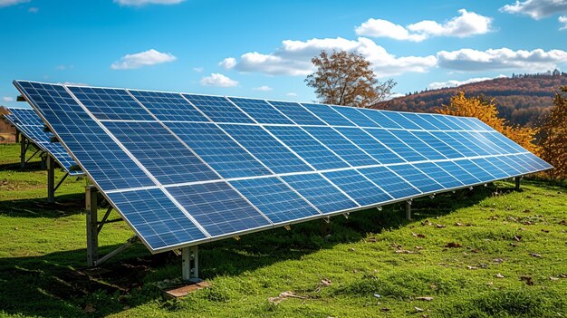 Des panneaux solaires sur une prairie verte avec un ciel bleu et des nuages blancs