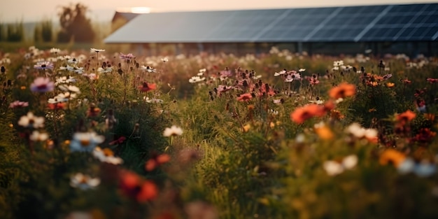 Panneaux solaires sous le ciel d'été au coucher du soleil sur le champ de fleurs Generative Ai