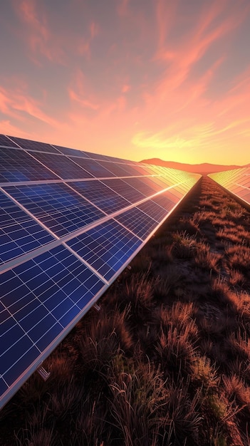 Photo panneaux solaires sur le terrain d'une centrale photovoltaïque représentant l'énergie verte