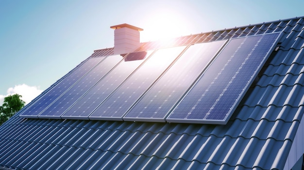 Des panneaux solaires sur un toit brillant sous un ciel bleu éclatant, symbolisant l'énergie propre et la durabilité