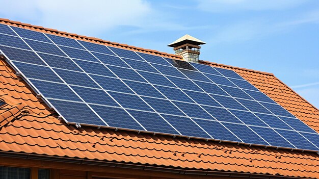 Photo panneaux solaires sur le toit d'une maison en carreaux