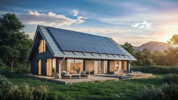 Panneaux solaires sur le toit de la maison moderne récoltant de l'énergie renouvelable avec des panneaux de cellules solaires