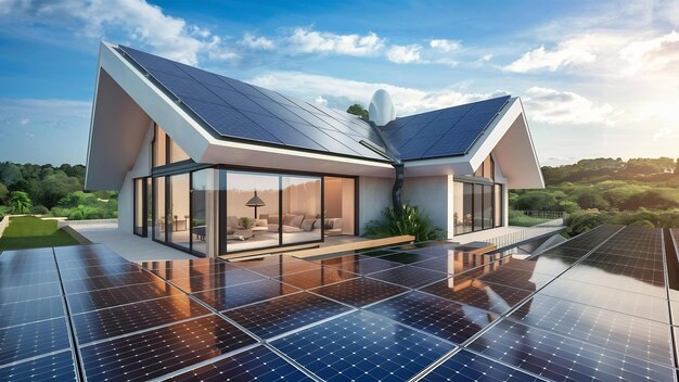 Panneaux solaires sur le toit de la maison moderne récoltant de l'énergie renouvelable avec des panneaux de cellules solaires