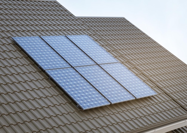 Panneaux solaires sur le toit de la maison Source d'électricité alternative photovoltaïque Ressources durables Crise énergétique rendu 3D