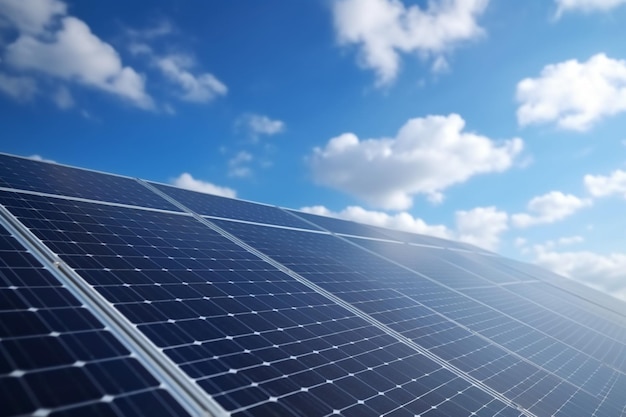 Panneaux solaires sur un toit de maison sous le ciel bleu et les nuages pelucheux