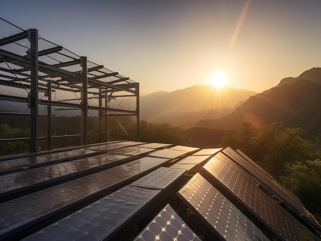 Panneaux solaires sur un toit avec des montagnes en arrière-plan