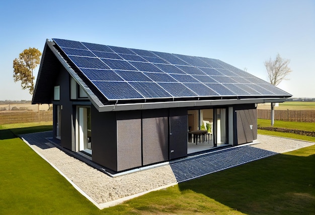 Panneaux solaires sur un toit à pignon Belle grande maison moderne et énergie solaire générée par l'IA