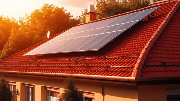 Photo panneaux solaires sur le toit rouge de la maison avec le soleil chaud