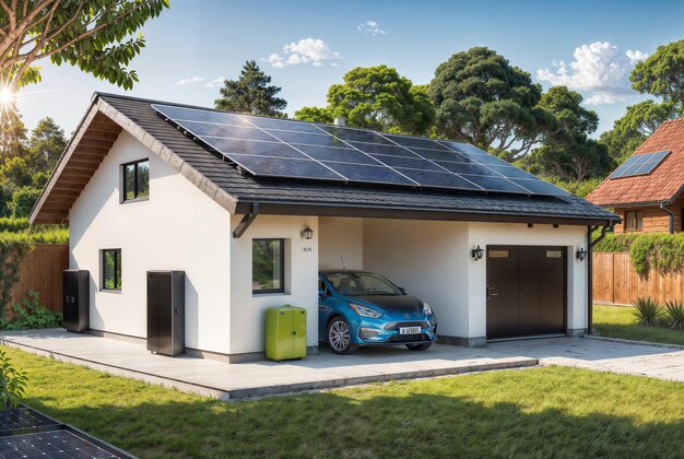 Panneaux solaires sur le toit d'une voiture électrique de bungalow