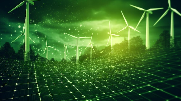 Panneaux solaires et turbines éoliennes générant de l'électricité dans les centrales électriques énergie verte renouvelable Générative Ai