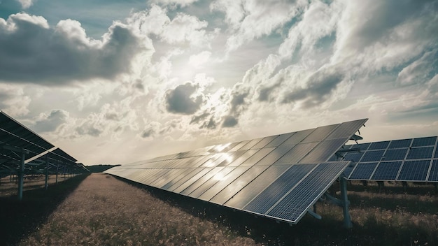 Des panneaux solaires utilisés pour l'énergie renouvelable sur le champ sous un ciel rempli de nuages