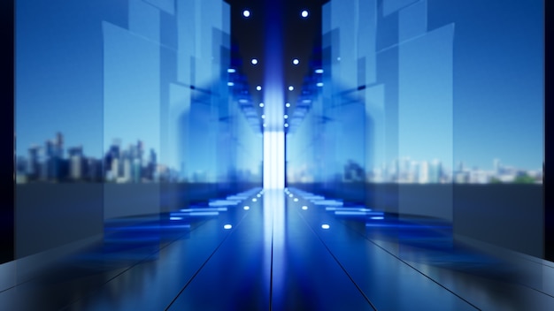 Panneaux de verre bleu d'arrière-plan de l'entreprise le long de l'illustration 3D du couloir étendu