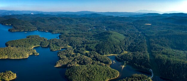 Panorama aérien depuis un drone d'eau bleue et de forêt verte