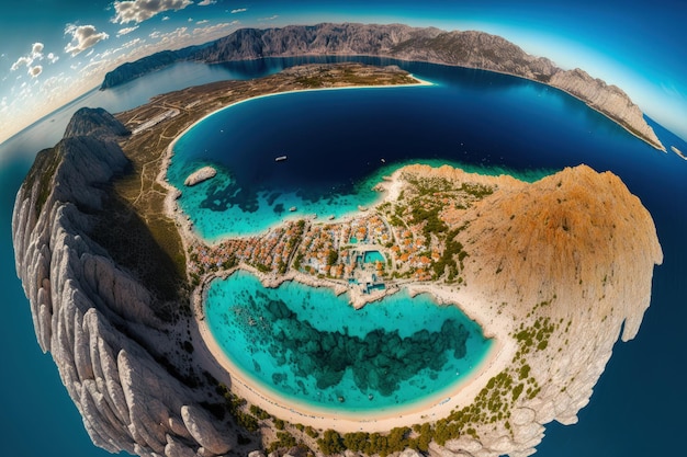 Panorama aérien de la lagune de Croatias Baska et d'une plage turquoise sur l'île de Krk