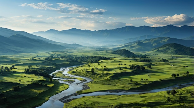 Panorama aérien de terres agricoles avec des rizières irriguées et de belles vues sur les montagnes