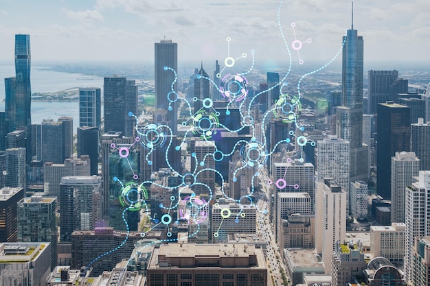 Panorama aérien ville centre-ville de Chicago et heure du jour du lac Illinois États-Unis vue à vol d'oiseau Hologramme du concept d'intelligence artificielle IA et entreprise apprentissage automatique robotique de réseau de neurones