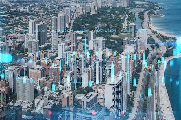 Panorama aérien de la ville de Chicago centre-ville et de la journée du lac Illinois États-Unis Vue à vol d'oiseau Hologramme de graphique Forex Le concept de courtage commercial sur Internet et d'analyse fondamentale