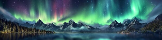 Panorama avec des aurores boréales dans le ciel étoilé de la nuit sur fond de montagnes et de lacs Illustration générative AI