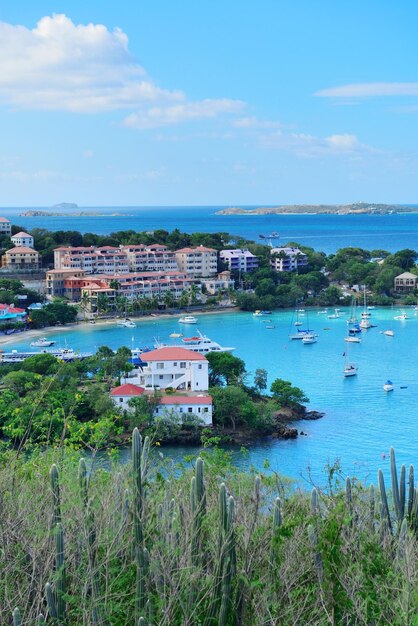 Panorama de la baie de St John avec des bâtiments et des bateaux dans les îles Vierges.