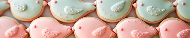 Panorama des biscuits au sucre d'oiseau glacés pastel